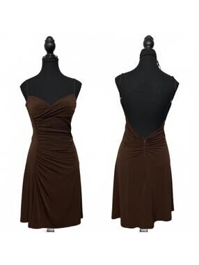Vintage 90s "Enchante" Canada Made Coffee Brown Ruched Mini Dress Open Back Sz 6